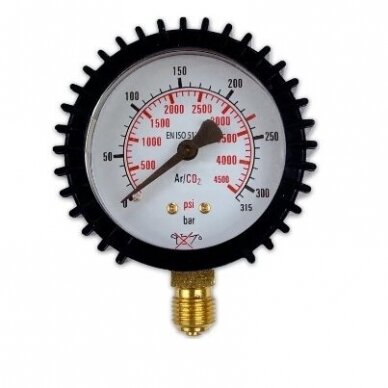 Manometras ⌀ 63 mm, skirtas TURBO Argono/CO₂ (MIX) baliono reguliatoriui 315 bar 1/4″RH Manometras ⌀ 63 mm, skirtas TURBO Argono/CO₂ (MIX) baliono reguliatoriui 315 bar 1/4″RH