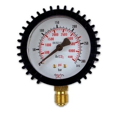 Manometras ⌀ 63 mm, skirtas TURBO Argono/CO₂ (MIX) baliono reguliatoriui 315 bar 1/4″RH Manometras ⌀ 63 mm, skirtas TURBO Argono/CO₂ (MIX) baliono reguliatoriui 315 bar 1/4″RH