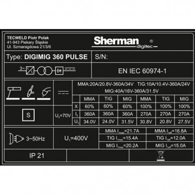 Suvirinimo aparatas Sherman DIGIMIG 360 Pulse 6