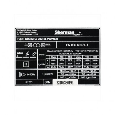 Suvirinimo pusautomatis Sherman DIGIMIG 202 M-POWER 10 Suvirinimo pusautomatis Sherman DIGIMIG 202 M-POWER 10
