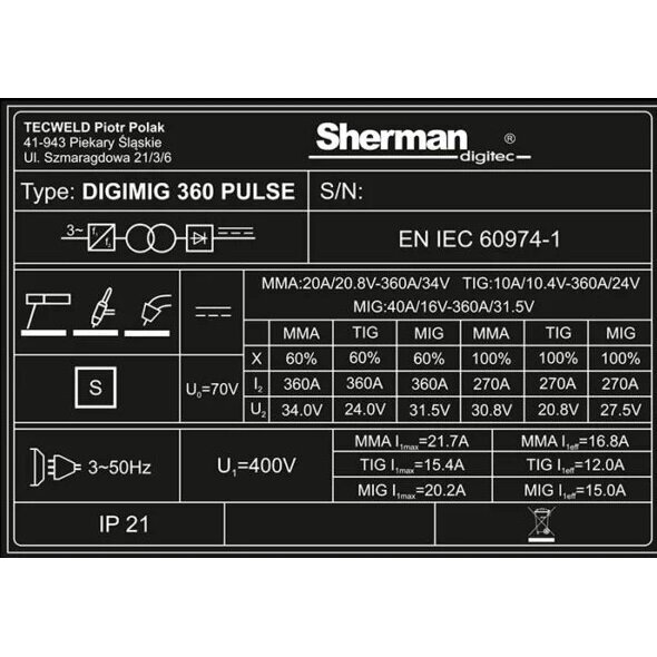 Suvirinimo aparatas Sherman DIGIMIG 360 Pulse 6
